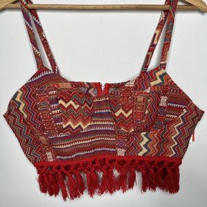 New Cider Women’s XL Boho Geometric Tassel Corset Tank Top Back Zip Festival Red